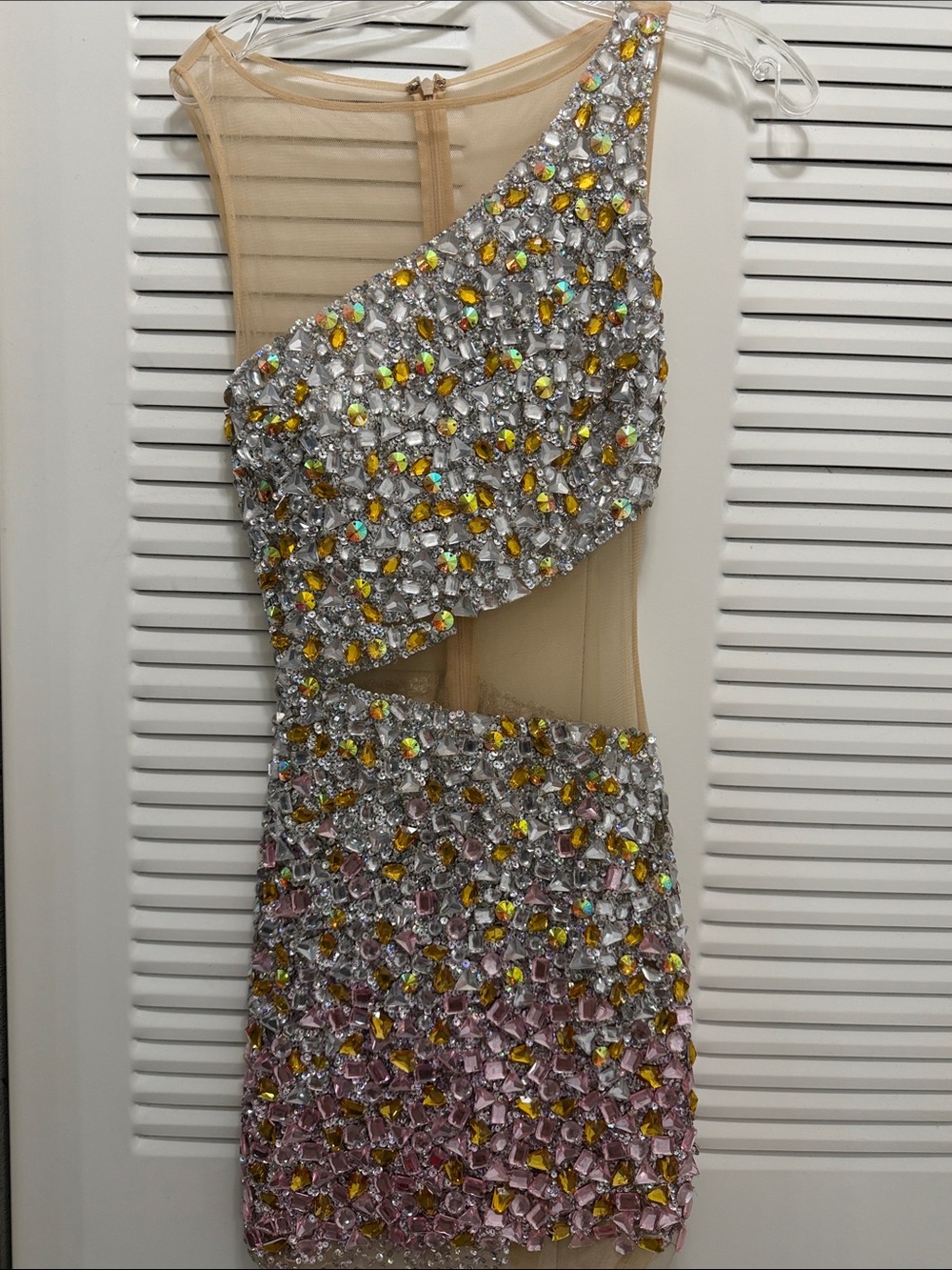 Jovani One-Shoulder Beaded Nude, Pink & Yellow Cocktail Dress